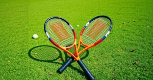 Two tennis racquets crossed with a green grassfield background, symbolising a light-hearted breakup announcement.