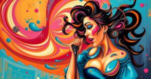 Abstract representation of female comedians' rivalry in a vibrant artistic style using warm and cool colour schemes.