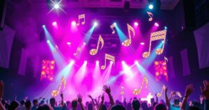 A vibrant concert scene with colourful lights and an energetic atmosphere, evoking empowerment and celebration.