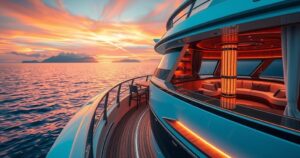 Stylish yacht scene with a luxurious atmosphere, showcasing a beautiful sunset and elegant decor.