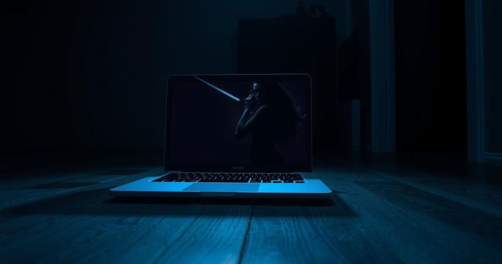 A dimly lit room with a laptop screen and a silhouette of a glamourous model, reflecting online interactions.