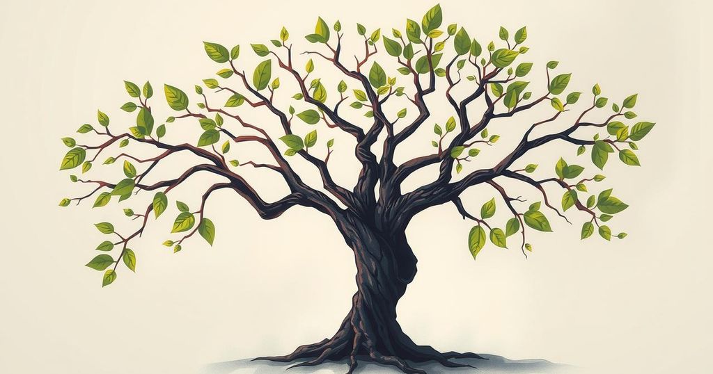 A broken family tree symbol with contrasting colors, representing family discord and strained relationships.