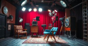 Vintage Hollywood scene featuring a classic film set with dramatic lighting and retro film equipment.