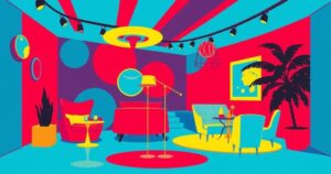 Abstract representation of a Hollywood party scene with vibrant colours and artistic elements, absence of people.
