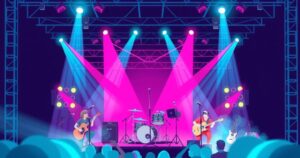 A vibrant concert scene with glowing lights, musical instruments, and energetic atmosphere, reflecting excitement and entertainment.