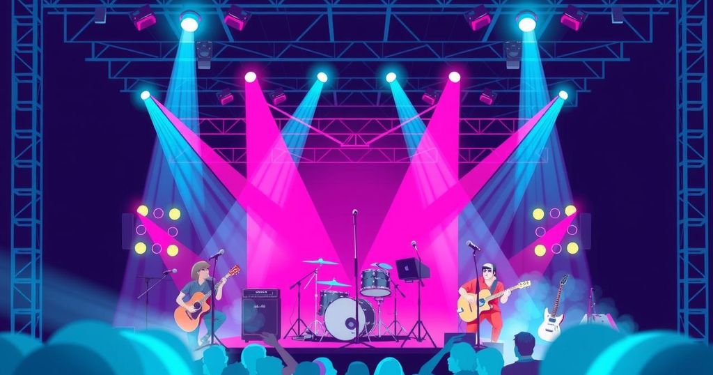 A vibrant concert scene with glowing lights, musical instruments, and energetic atmosphere, reflecting excitement and entertainment.