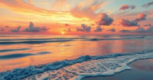 A serene beach scene with a sunset, showcasing calming waves and soft, warm colours to represent new beginnings.