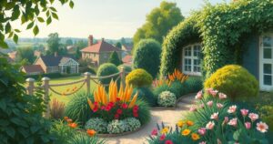 A serene garden overlooking Wandsworth Common, featuring lush greenery and a peaceful atmosphere.