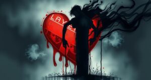 A pop star's emotional turmoil illustrated by a broken heart, a shadowy figure, and swirling dark clouds in an abstract style.