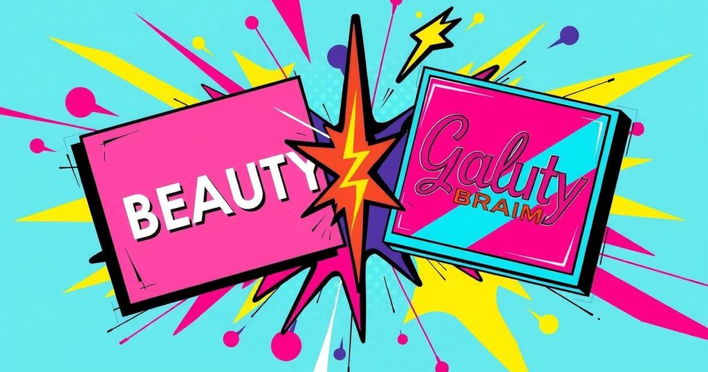 A stylised, vibrant illustration of two beauty brands, clashing elements, in a dramatic pop art style with bold colours.