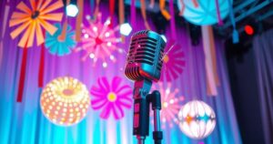 A vibrant music award scene featuring a tall microphone with colourful lights and decorative elements in a lively atmosphere.