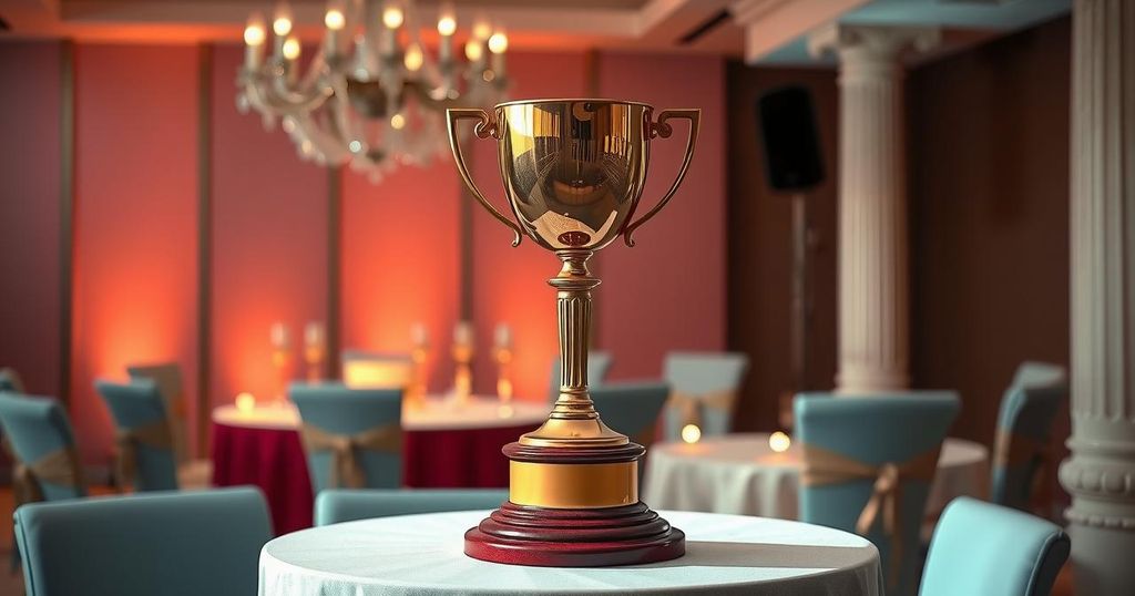 An elegant trophy on a pedestal, surrounded by soft, warm lighting, evoking a sense of honour and achievement.